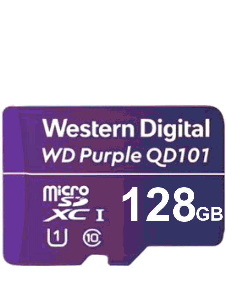 WESTERN WDD128G1P0C- Memoria de 128GB Micro SDXC/ Linea Purple/ Clase 10 U1/ Lectura 50MB/ Escritura 40MB/ Especializada para Videovigilancia