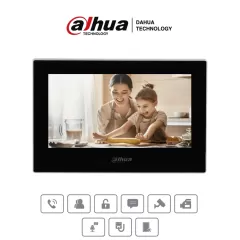 DAHUA--DAHUA VTH2621G-P - Monitor IP táctil de 7" en negro, Serie Lite, ideal para interiores. Soporta PoE estándar, hasta 4 cámaras de entrada y 4 monitores adicionales. Incluye modo No Molestar, 6 entradas/salidas de alarma, y compresión H.265.-