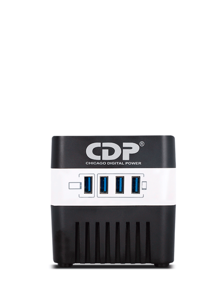 CHICAGO DIGITAL POWER--CDP RU-AVR 604- Regulador de Voltaje/ Supresión de Picos/ 600VA/300W/ 4 Puertos USB para Carga de 2.1A Max/ 4 Salidas Reguladas/ Indicadores Led/ Diseño Compacto-