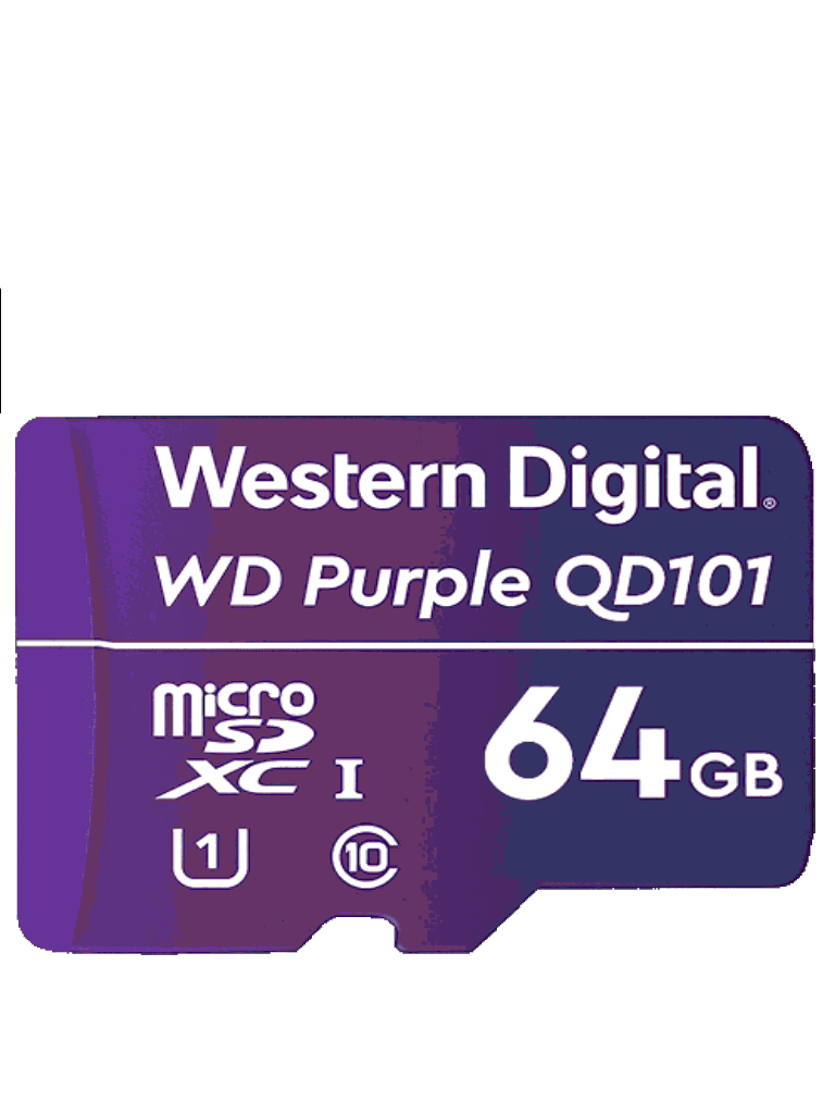 WESTERN DIGITAL--WESTERN WDD064G1P0C- Memoria de 64GB Micro SDXC/ Linea Purple/ Clase 10 U1/ Lectura 50MB/ Escritura 40MB/ Especializada para Videovigilancia-