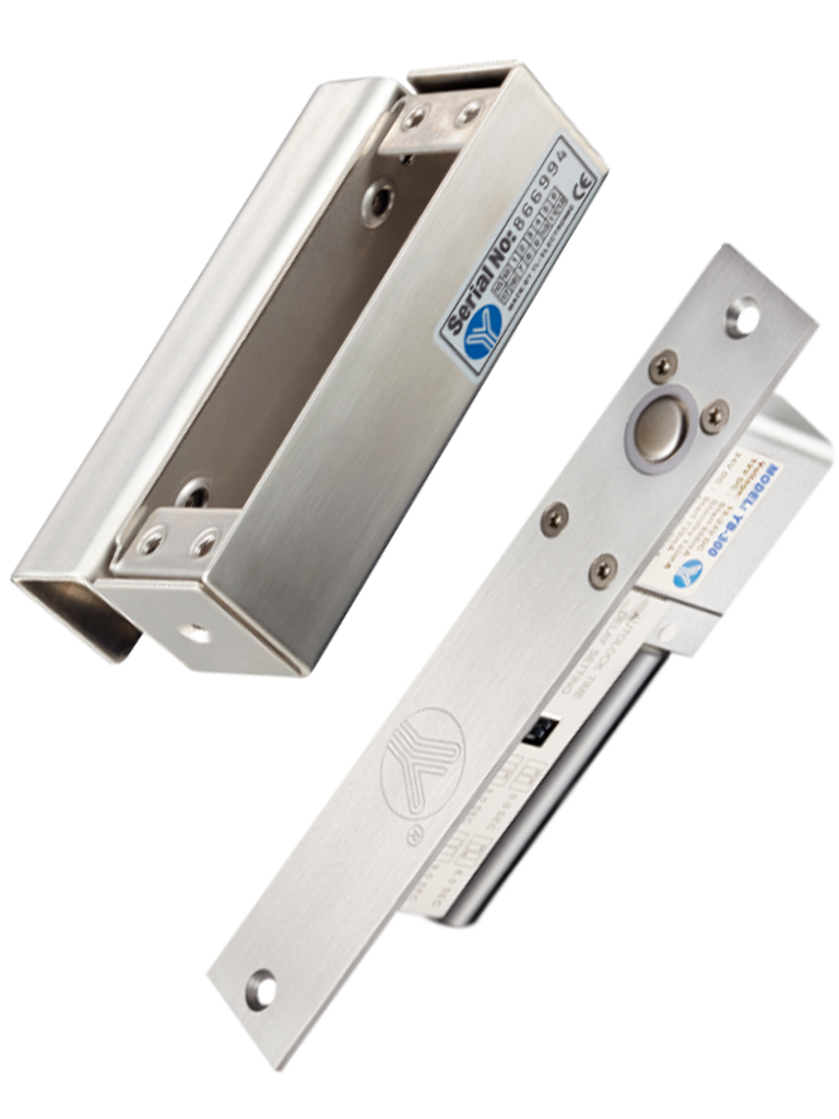 YLI ELECTRONIC--YLI YB300PACK - Paquete de cerradura de perno para control de acceso de puertas con retardo configurable de 3, 6 y 9 segundos incluye soporte de instalacion modelo YM600/ Voltaje dual 12 o 24 VDC-