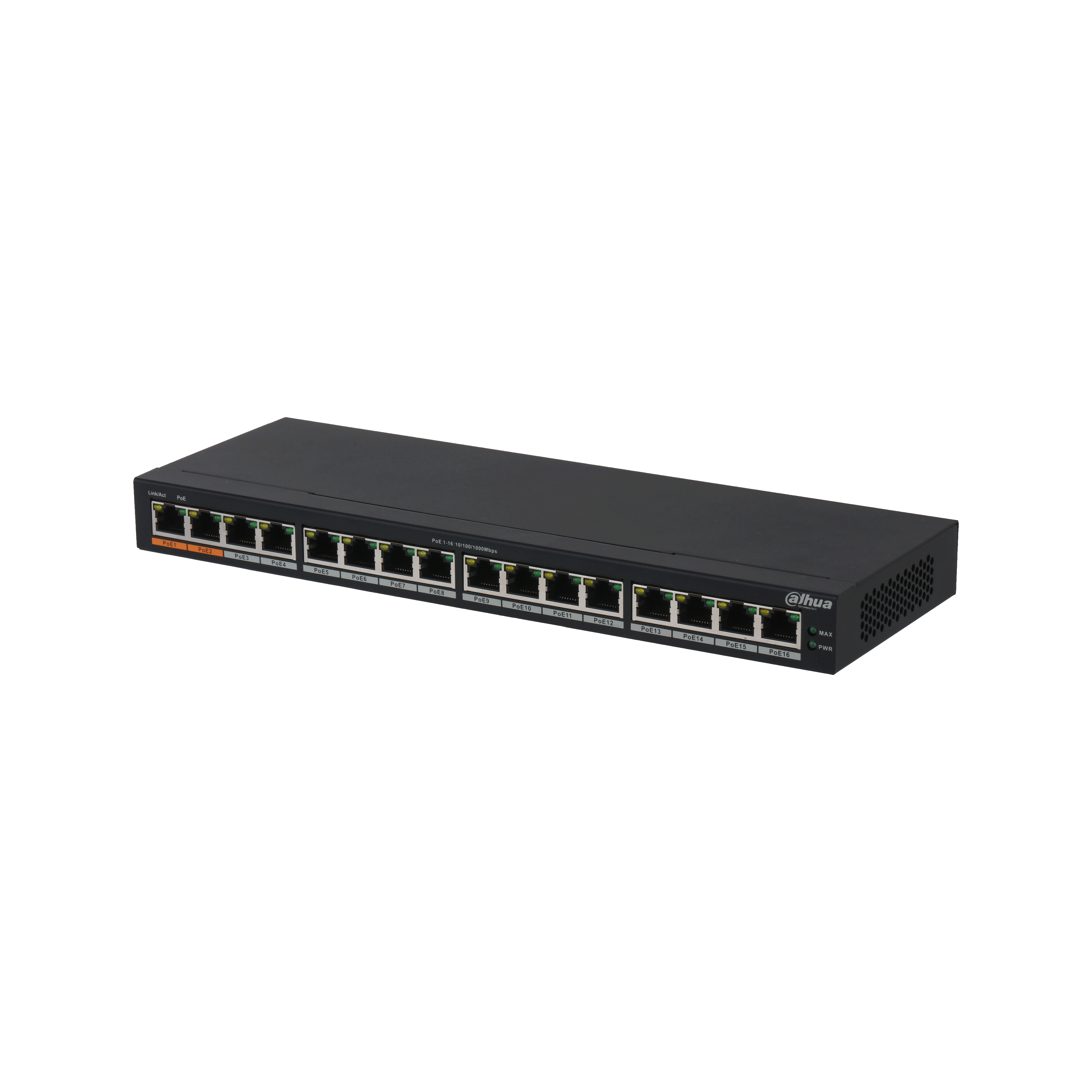 DAHUA--DAHUA DH-PFS3016-16GT-190 - Switch Poe Gigabit de 16 Puertos PoE Gigabit/ 190 Watts Totales/ Los 2 Puertos Naranjas Soportan Hi-PoE Estandar/ Switching 32 Gbps/ Tasa de Reenvio de paquetes 23.808 Mbps/ Protección Contra Descargas/-
