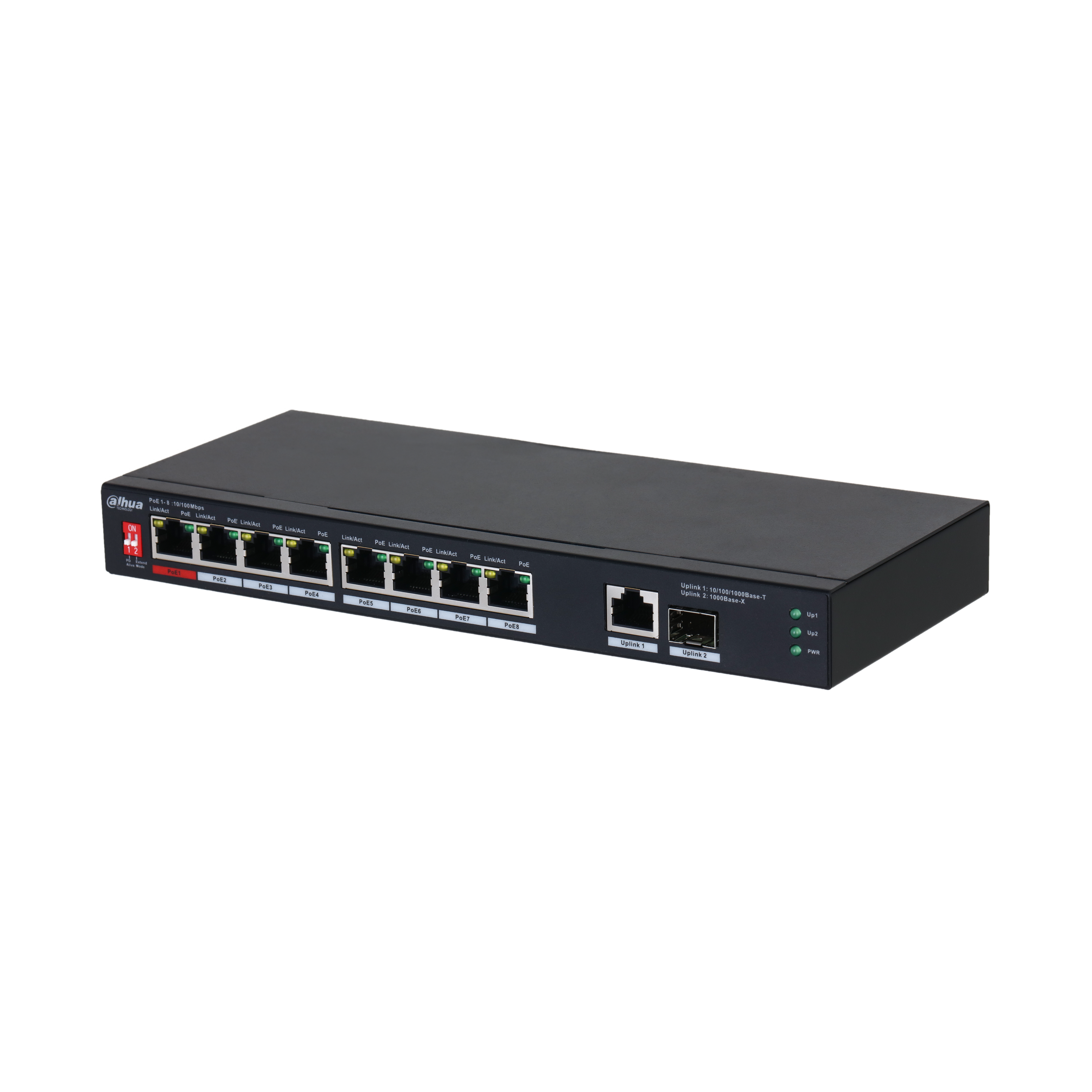DAHUA--DAHUA PFS3110-8ET1GT1GF-96 -Switch PoE de 10 Puertos/  8 Puertos Poe 10/100/ 1 Puerto SFP de 1000 Mbps/ 1 Puerto Uplink de 10/100/1000/ 96 Watts Totales/ Alimentación hasta 250 Mts/ Soporta PoE Whatchdog/ Puerto Rojo soporta IEEE 802.3bt/ #LoNuevo-
