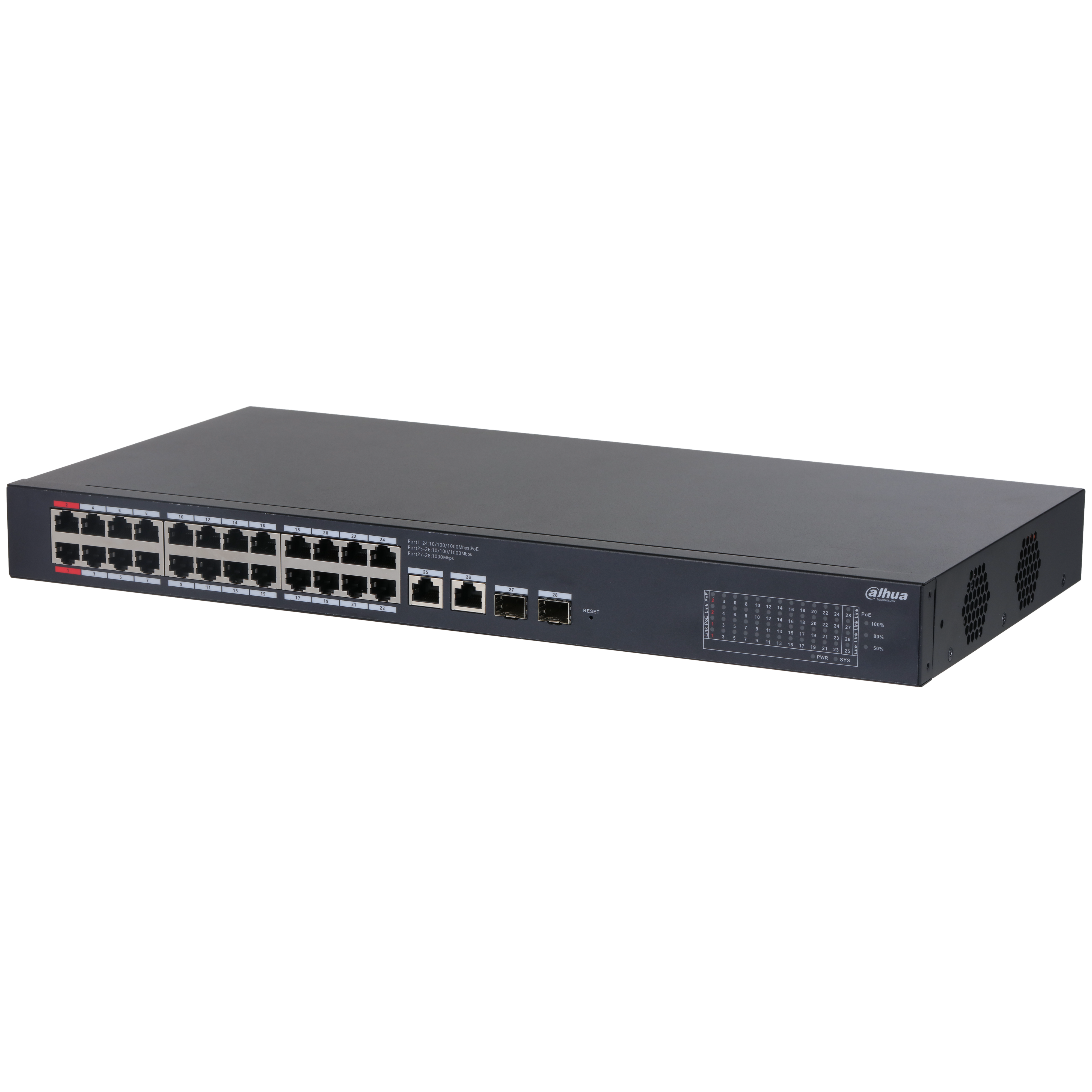 DAHUA--DAHUA DH-S4228-24GT-360 Switch Gigabit 24 puertos Administrable/  capa 2/ 2 Puertos  Hi-PoE/ Redundancia de red: STP/ RSTP/ Transmisión de larga distancia de 250 m/ 56 Gbps/ PoE-