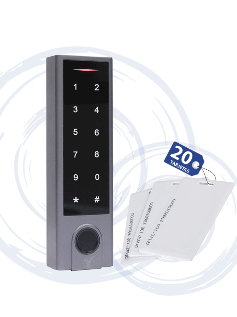 YLI ELECTRONIC--YLI YK1068APAK - Teclado touch para control de acceso standalone con métodos de verificación por huella, tarjetas ID o password / Soporta equipos esclavo por protocolo Wiegand / Señales NC y NO / Contiene 20tarjetas #tarjetasgratis-