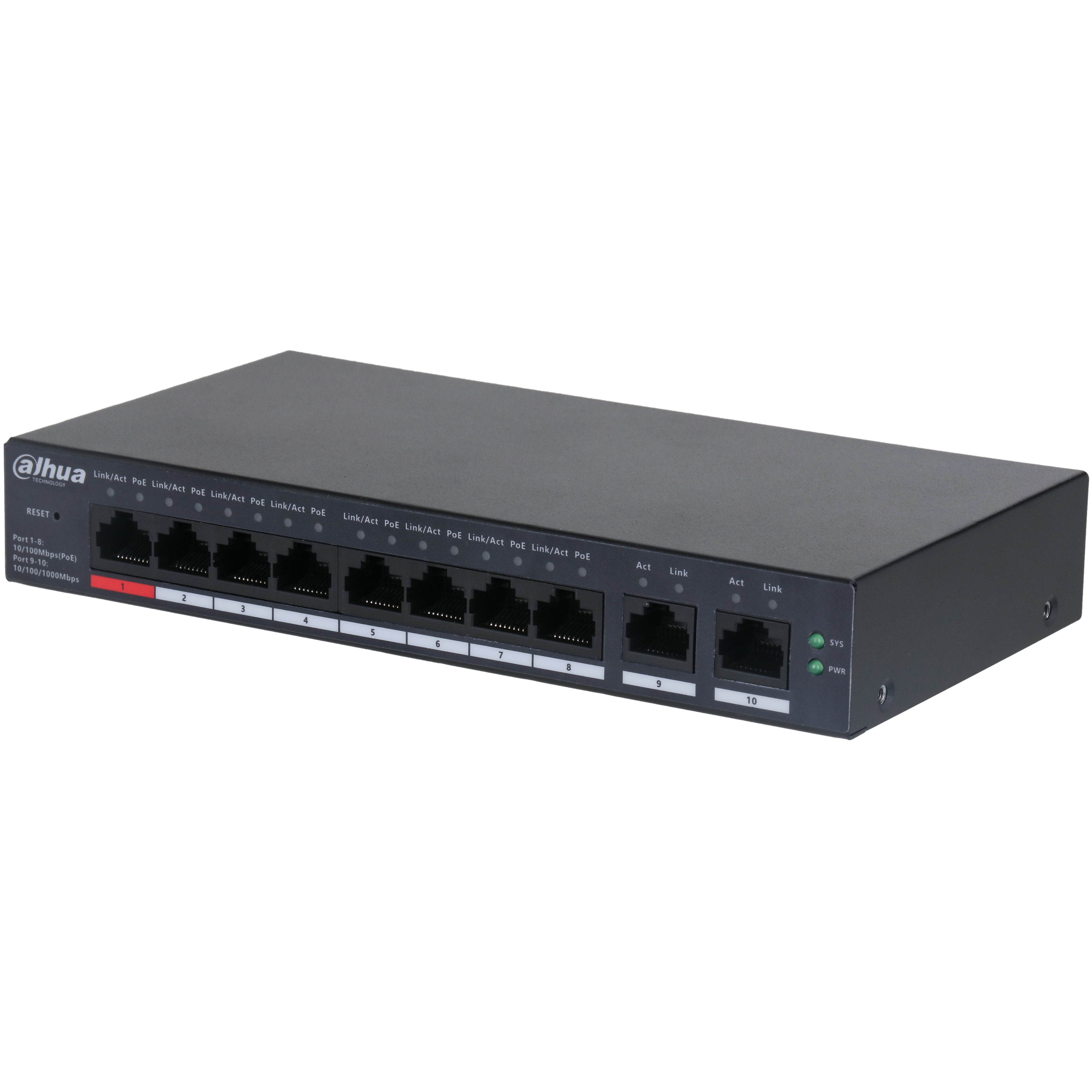 DAHUA--DAHUA DH-CS4010-8ET-110 Switch 10 Puertos Fast Ethernet/ 8 Puertos PoE/ 2 Puertos Uplink 10/100/1000/ 110 Watts Totales/ Soporta PoE Watchdog/ Switching 5.60 Gbps/ Tasa de Reenvio de Paquetes 4.17 Mbps/ Plataforma DoLynk Care/ #LoNuevo-
