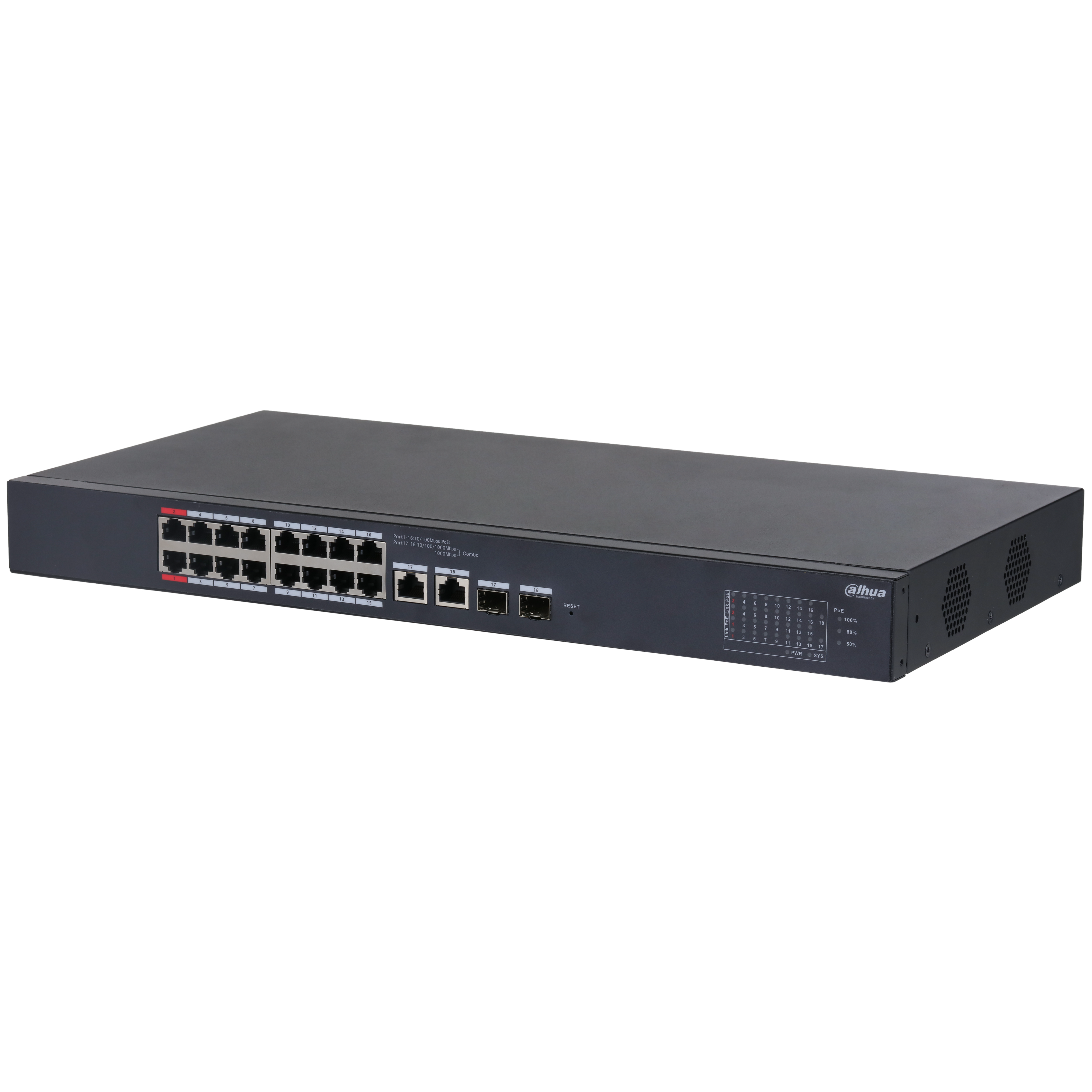 DAHUA--DAHUA DH-CS4218-16ET-135 Switch Poe Ethernet de 18 puertos/ 16 puertos PoE 10/100 Mbps/ 135 Watts Totales/ PoE Watchdog/ Switching 7.2 Gbps/ Reenvio de paquetes 5.36/ Plataforma Dolynlk care/ #LoNuevo-