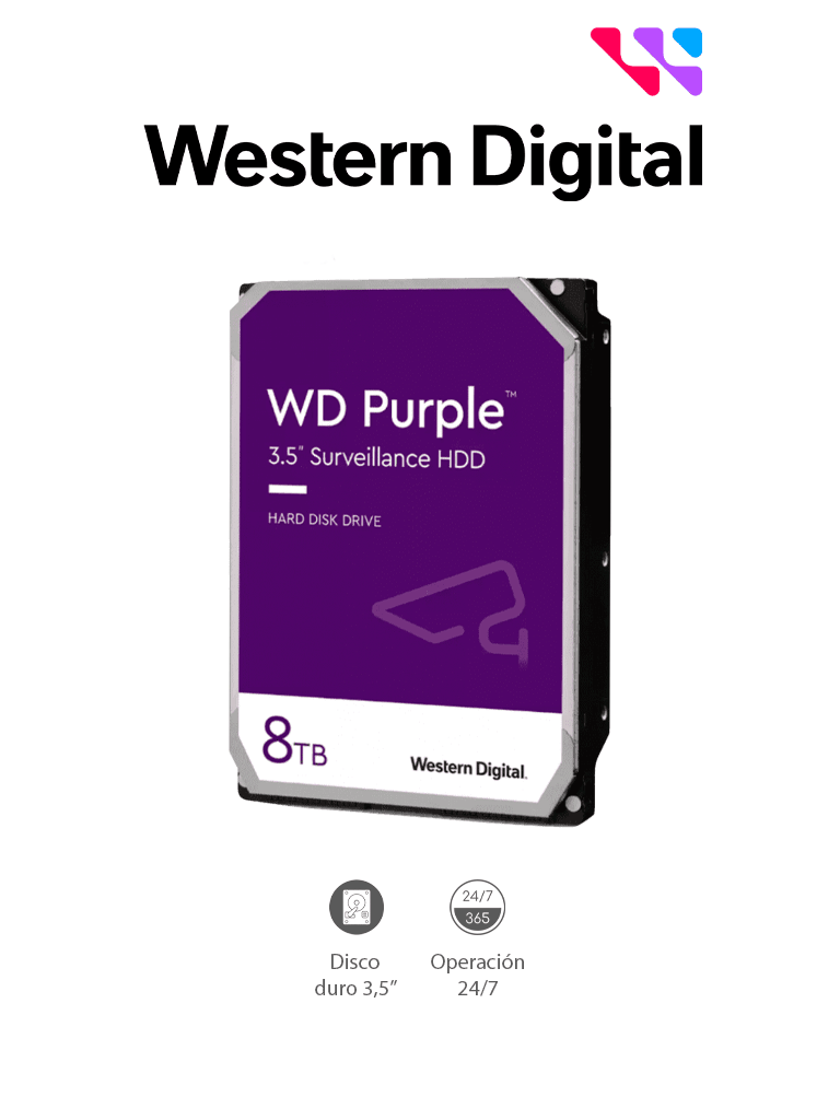WESTERN DIGITAL--WESTERN DIGITAL WD85PURZ - Disco Duro de 8 TB Purple/ Especial para Videovigilancia/ Trabajo 24/7/ Interface: Sata 6 Gb/s/ Hasta 64 Cámaras/ Hasta 16 Bahías de Discos Duros-