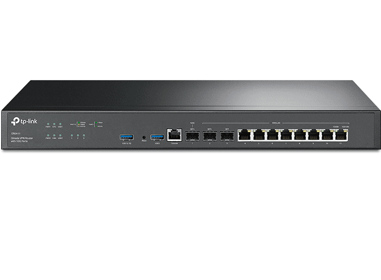 TP-LINK--TP-LINK  ER8411 - Router VPN Omada, 1 puerto WAN 10G SFP+, 1 puerto WAN/LAN 10G SFP+, 1 puerto WAN/LAN 1G SFP+, 8 puertos WAN/LAN GE, ZTP, Administracion Centralizada, Secure VPN, Firewall potente, Filtrado de IP/MAC/URL, enlace IP-MAC, activación ALG-