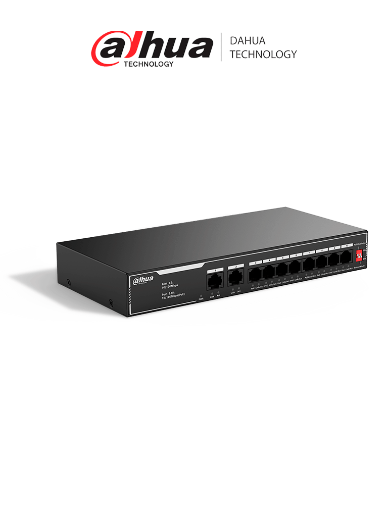 DAHUA--DAHUA SF1010LP - Switch PoE de 10 Puertos Fast Ethernet/ 8 Puertos PoE 10/100 / 65 Watts Totales / 2 Puertos Uplink RJ-45/ PoE watchdog/ Hasta  250 metros/ Switching 12 Gbps/ Protección Contra Descargas/ #LoNuevo-