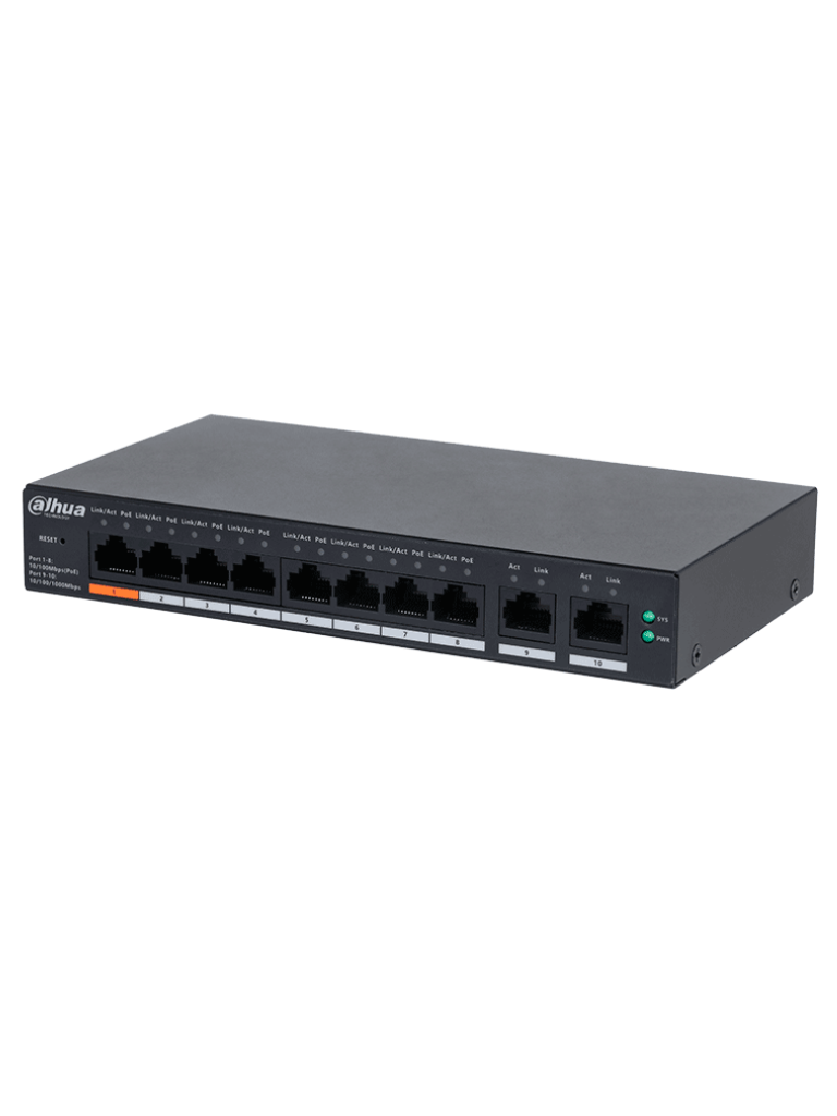 DAHUA--DAHUA DH-CS4010-8ET-60 Switch Poe de 8 Puertos Gigabit/ Poe Inteligente/ 60Watts Totales/ 2 Puertos uplink/ Switching 4.8Gbps/ Protección de Descargas/ Plataforma DoLynk Care-