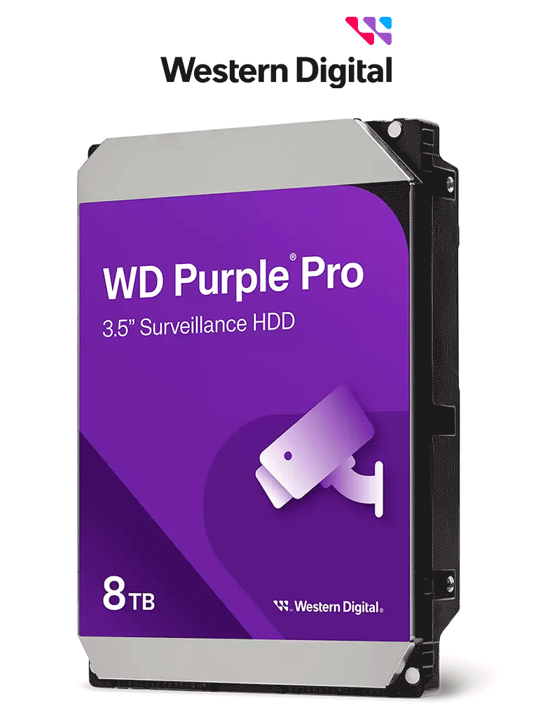 WESTERN DIGITAL--WESTERN DIGITAL WD8002PURP - Disco Duro de 8TB Purple PRO / Especial para Videovigilancia con IA / Tecnología IA AllFrame/ Interface: Sata 6 Gb/s/ Cache 256 MB/ Hasta 64 Cámaras/ 32 Secuencias de IA para Análisis de Aprendizaje Profundo-