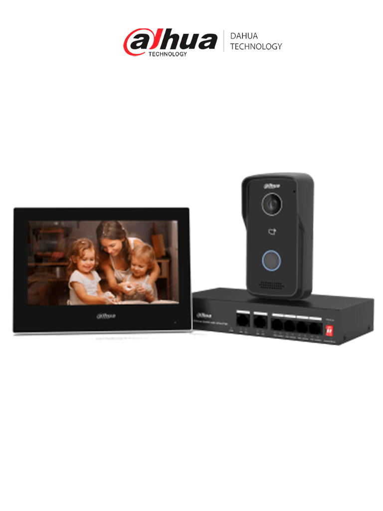 DAHUA--DAHUA KTP03-V2 - Kit de Videportero IP/ Monitor de 7 Pulgadas. Frente de Calle y Switch PoE/ 6&1 E&S de Alarma/ Frente de Calle IP65/ IR/ Apertura Remota / Switch de 4 Puertos PoE 10/100/ 2 Puertos Uplink/ Controla 1 Puerta-