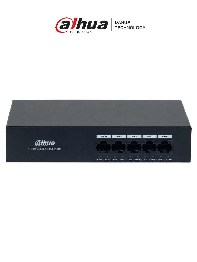 DAHUA--DAHUA DH-PFS3005-4GT-36 - Switch con 4 puertos Gigabit PoE y 1 puerto RJ45 10/100/1000 Mbps. Ofrece protección contra descargas eléctricas, ideal para alimentar dispositivos IP. Incluye fuente de poder integrada.-