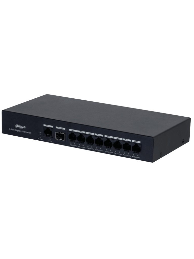DAHUA--DAHUA DH-PFS3110-8GT-65 - Switch PoE inteligente con 8 puertos Gigabit, 60W de potencia total y switching de 20 Gbps. Ideal para alimentar y conectar dispositivos IP con protección contra descargas eléctricas.-