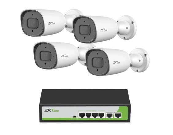 ZKTECO--ZKTECO POE4255CPAK - Paquete de 4 Cámaras IP Bullet Full Color 5MP BS855P12CS7CMI con Switch PoE Fast Ethernet 4 Puertos AF/AT-
