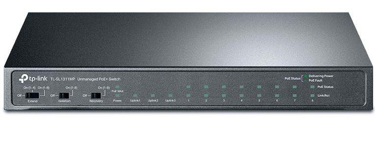 TP-LINK--TP-LINK - TL-SL1311MP / Switch de Escritorio No Administrable 11 Puertos / 8 puertos 10/100Mbps RJ45 POE+/ 2 Puertos 10/100/1000 RJ45 / 1 Puerto Gigabit SFP / 8 puertos POE+ / 124 Watts totales /  POE Hasta 100m / Modo Extendido Hasta 250m-