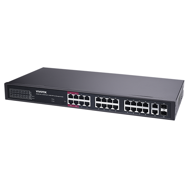 VIVOTEK--VIVOTEK AW-GEL-285A-380  - Switch PoE  24 puertos Administrable Lite, 20 puertos GE 30W PoE, 4 puertos GE 90W PoE, 2 puertos GE UTP, 2 puertos GE SFP lite managed PoE, 56 Gbps, 380W totales, PoE Extendido 250 Mts, NDAA-