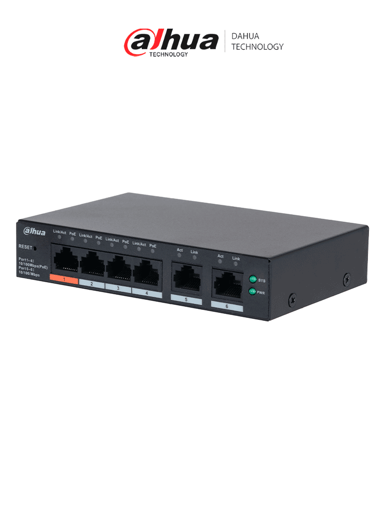 DAHUA--DAHUA DH-CS4006-4ET2ET-60 - Switch PoE de 6 Puertos Administrable con 4 PoE (10/100 Mbps) y 2 uplink (10/100/1000 Mbps). Total de 65 W PoE, administración en la nube con DoLynk Care, carcasa metálica robusta, ideal para redes IP.#LoNuevo-
