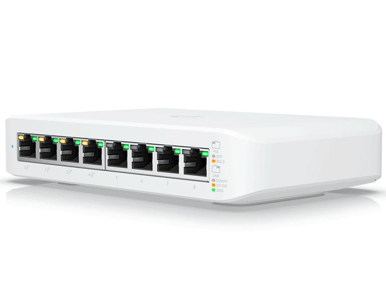 UBIQUITI--UBIQUITI USW-LITE-8-POE - Switch UniFi Lite Administrable PoE de 8 Puertos 10/100/1000 Mbps (4 puertos 802.3af/at) , 52 W , Capa 2 , Refrigeración silenciosa sin ventilador.-