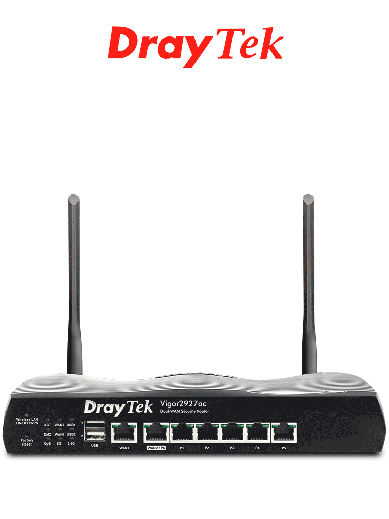 DRAYTEK--DRAYTEK VIGOR2927AC- Ruteador Inalámbrico Multi WAN con 1 puerto WAN GE RJ45, 1 puerto intercambiable LAN & WAN, 5 puertos LAN GE, 50 VPN, 2 puertos USB y WiFi AC hasta 1733 Mbps-