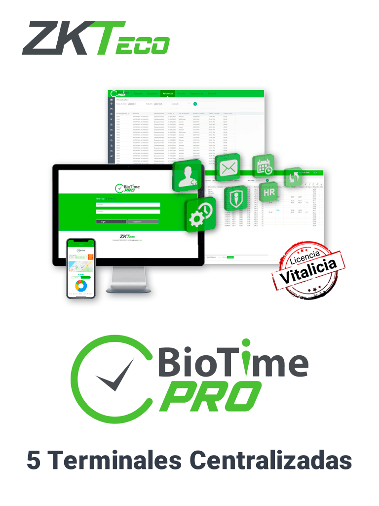 ZKTECO--ZKTECO BIOTIMEPROSTARTER- Licencia de Asistencia Vitalicia / Versión WEB / Para 5 Terminales Centralizadas / 500 Empleados / 1 Punto para App / 1 Multicompañia-