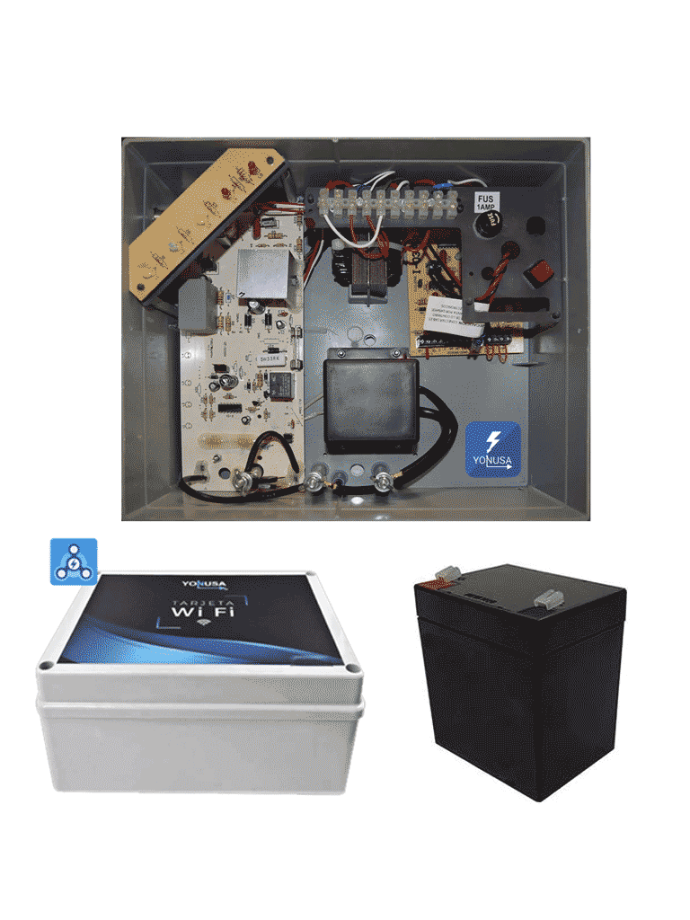 YONUSA--YONUSA PACKEY12000127P - Paquete de energizador de 12,000V para un cerco eléctrico de hasta 3500 mts lineales/ Incluye modulo wifi para manejo y recepción de alertas desde celular/  Batería de respaldo de regalo-