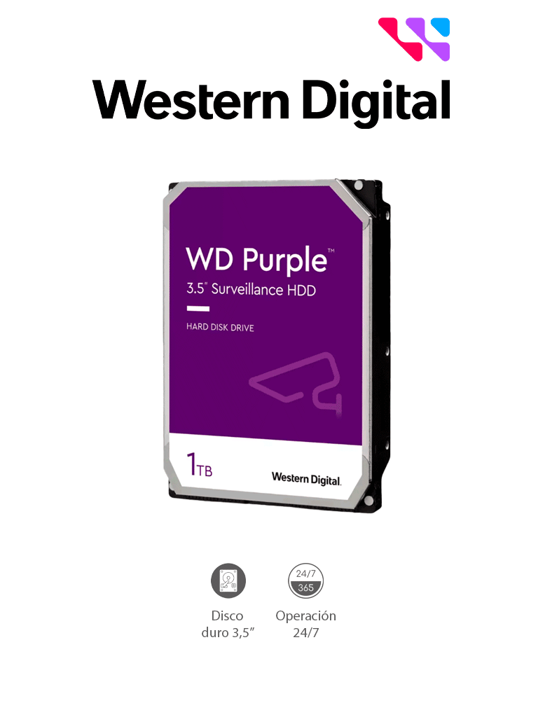 WESTERN DIGITAL--WESTERN WD10PURZ - Disco Duro de 1TB Purple/ Especial Para Videovigilancia/ Trabajo 24/7/ Interface: Sata 6 Gb/s/ Hasta 64 Cámaras/ Hasta 8 Bahías de Discos Duros/ 3 Años de Garantía/-
