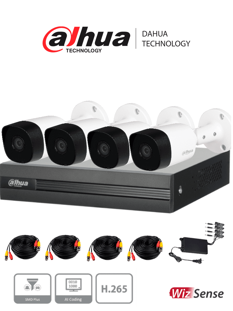 DAHUA--DAHUA KITXVR1B04H-I+4B2A51 -Kit de 4 Ch de 5 MP/ DVR Cooper-I WizSense/Con IA/ H.265+/4 Camaras B2A51 Metalicas/4 Ch + 1 IP o Hasta 5 Ch IP/ 4 Ch SMD Plus/Busqueda de Humanos y Vehiculos/Accesorios Incluidos-