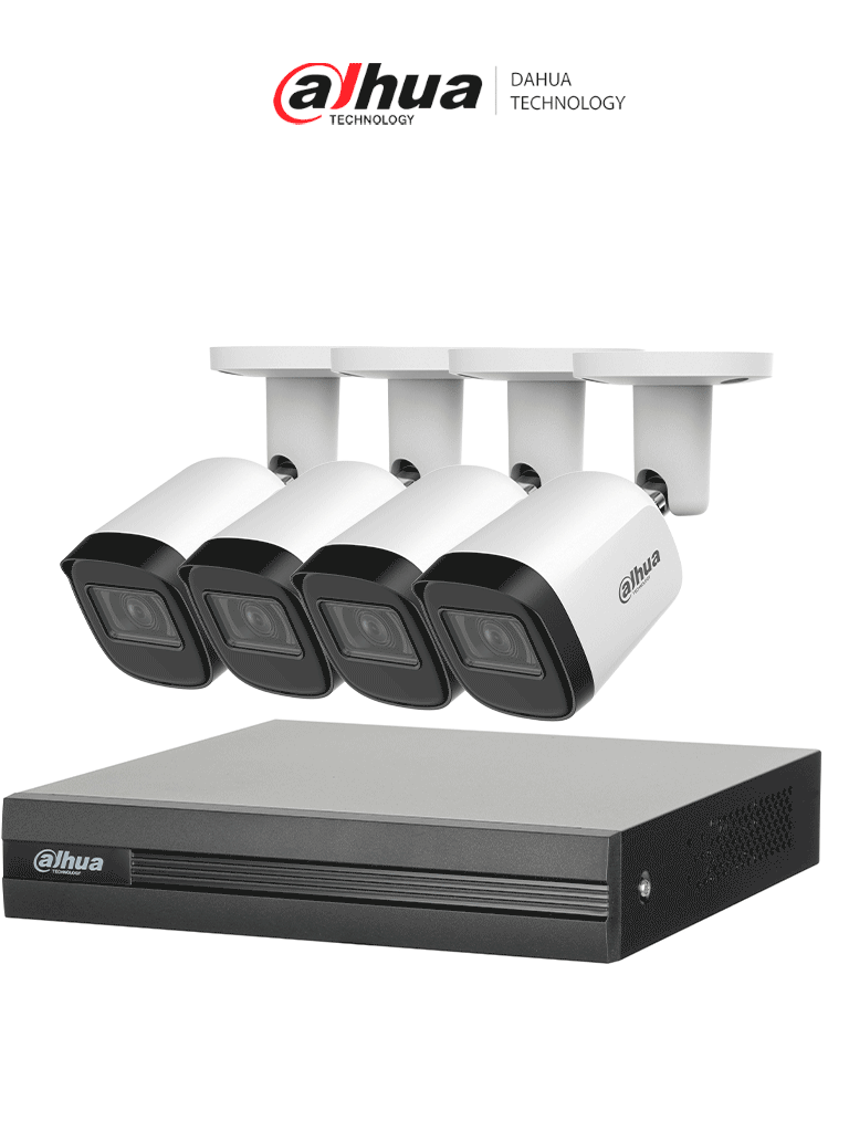 DAHUA--DAHUA KITXVR1B04H-I4B2A51-U - Kit de 4 Cámaras metálicas 5 MP Lente de 2.8mm y un DVR Cooper-I WizSense, 4 Canales + 1 IP o Hasta 5 Canales IP. Soporta Con IA, H.265+, SMD Plus y Búsqueda de Humanos y Vehículos.-