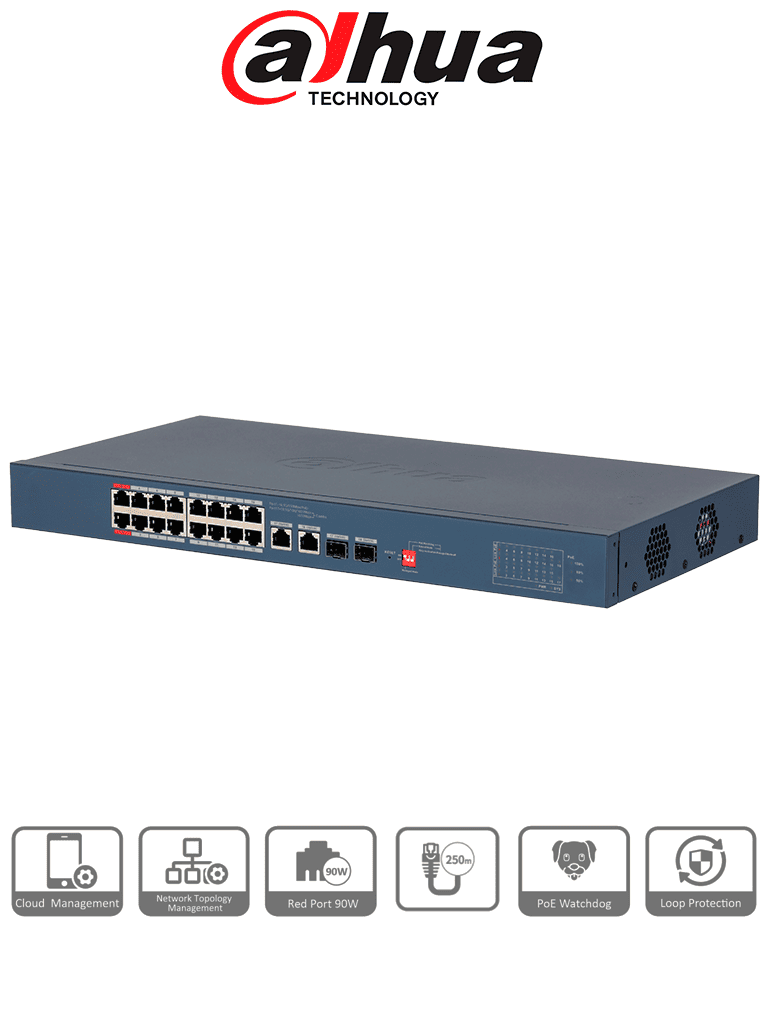 DAHUA--DAHUA DH-CS4218-16ET-135-V2 - Switch PoE de 18 Puertos/ 16 Puertos Poe 10 & 100/ 2 Puertos Uplink G# + 2 Puertos SFP/ 135 Watts Totales/ Administrable en la Nube por DoLynk Care/ PoE Hasta 250 Metros/ Metal/ Switching 7.2 Gbps-