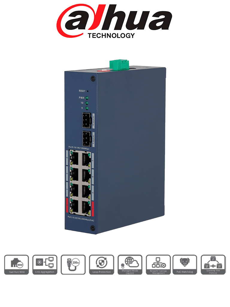 DAHUA--DAHUA DH-CHS4210-8GT-110 - Switch PoE Gigabit/ 8 Puertos PoE GE/ 2 Puertos Uplink SFP/ 1 Puertos Uplink RJ45 GE/ 120 Watts Totales/ 2 Ptos Hasta 90W/ Administrable en la Nube por Dolink Care/ Switching 33 Gbps-