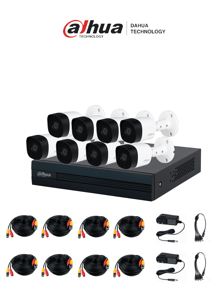 DAHUA--DAHUA KITXVR1B08- I+8-B2A21-  Kit de 8 Canales, DVR Cooper-I WizSense con IA y H.265+, 8 cámaras B2A21 de 1080p metálicas, soporte para hasta 10 canales IP, 4 canales con SMD Plus para detección de humanos y vehículos, y accesorios incluidos.-