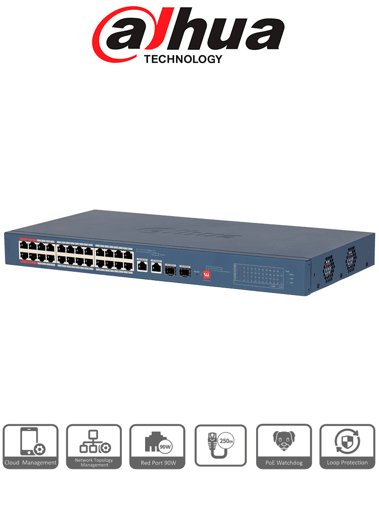 DAHUA--DAHUA DH-CS4226-24ET-240-V2 - Switch PoE de 26 Puertos/ 24 Puertos PoE 10 & 100/ 2Ptos Uplink GE + 2 Puertos SFP/ 2 Ptos PoE de Hasta 90W/ 240 Watts Totales/  Administrable en la Nube por DoLynk Care/ PoE Hasta 250 Metros/ Metal/ Switching 8.8 Gbps-