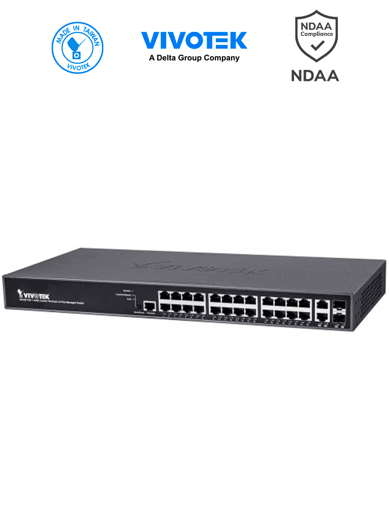 VIVOTEK--VIVOTEK AW-GEV-264B-370 - Switch PoE Administrable con 24 puertos PoE GE RJ45, 2 puertos GE SFP, 30W por puerto, 370W Totales, VIVOCAM WEB Smart, 52Gbps y protección 6KV.-