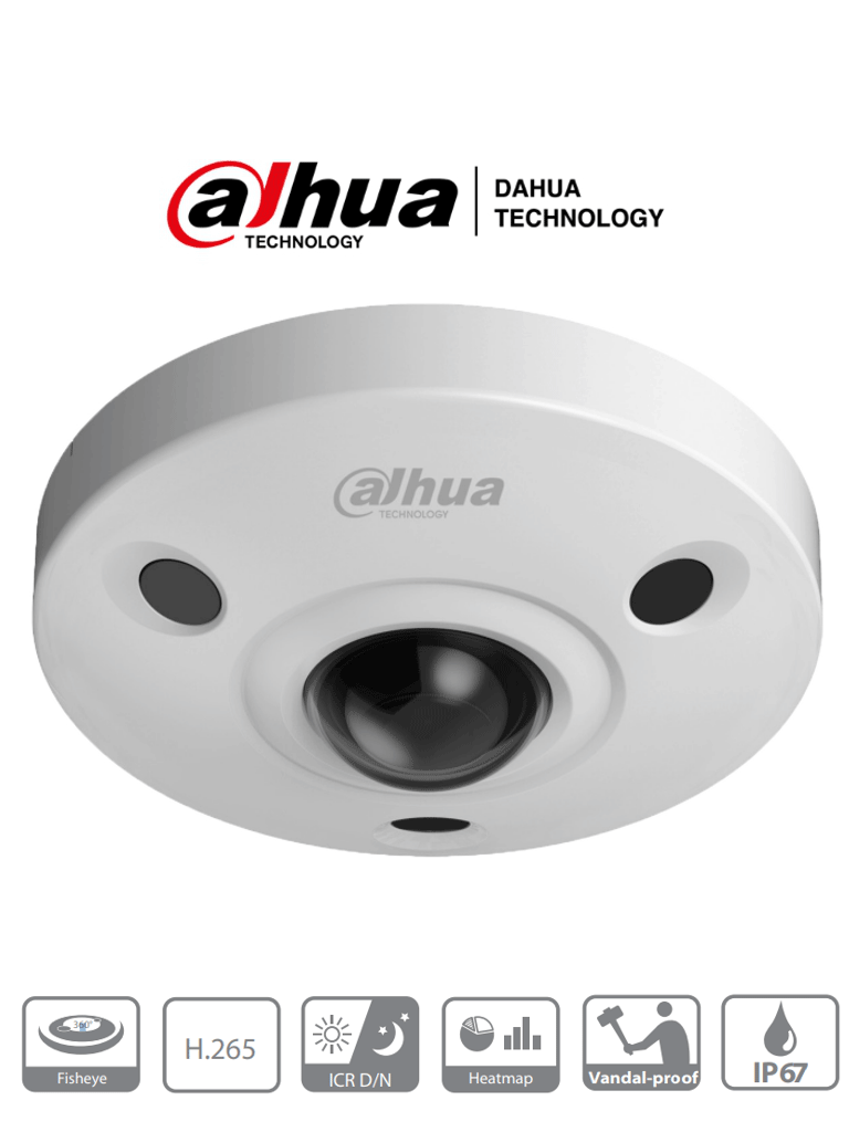 DAHUA--DAHUA IPC-EBW81230 - Camara IP Domo Fisheye Antivandalica 4K/ 12 Megapixeles/ Vision 360 grados/ H265/ Audio/ IP67/ IK10/ HEAT MAP/ PoE/ IVS/ Ranura MicroSD-