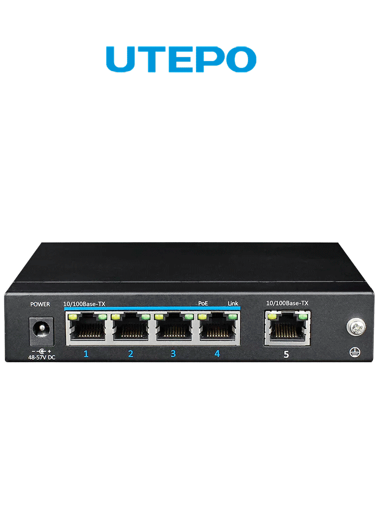 UTEPO--UTEPO UTP3SW0401TP60 - Switch PoE no administrable de 5 puertos Fast Ethernet, 4 puertos PoE (60W totales), 1 puerto uplink, compatible con 802.3af/at, conexión hasta 250m en modo CCTV-