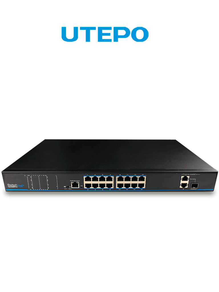UTEPO--UTEPO UTP1SW1602TSPOE - Switch PoE, 16 puertos PoE Fast Ethernet, 1 puerto combo Gigabit SFP/RJ45, 1 puerto Gigabit RJ45, 802.3af/at, PoE 180W-