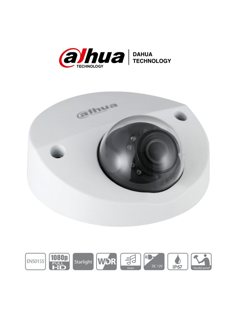 DAHUA--DAHUA HDBW2241F-M-A-28 - Camara Domo 1080p/ 2 Megapixeles/ Especial para DVR Movil/ Starlight/ Lente de 2.8mm/ IR 20 Mts/ Microfono Integrado/ WDR Real de 120 dB/ IP67/ IK10/-