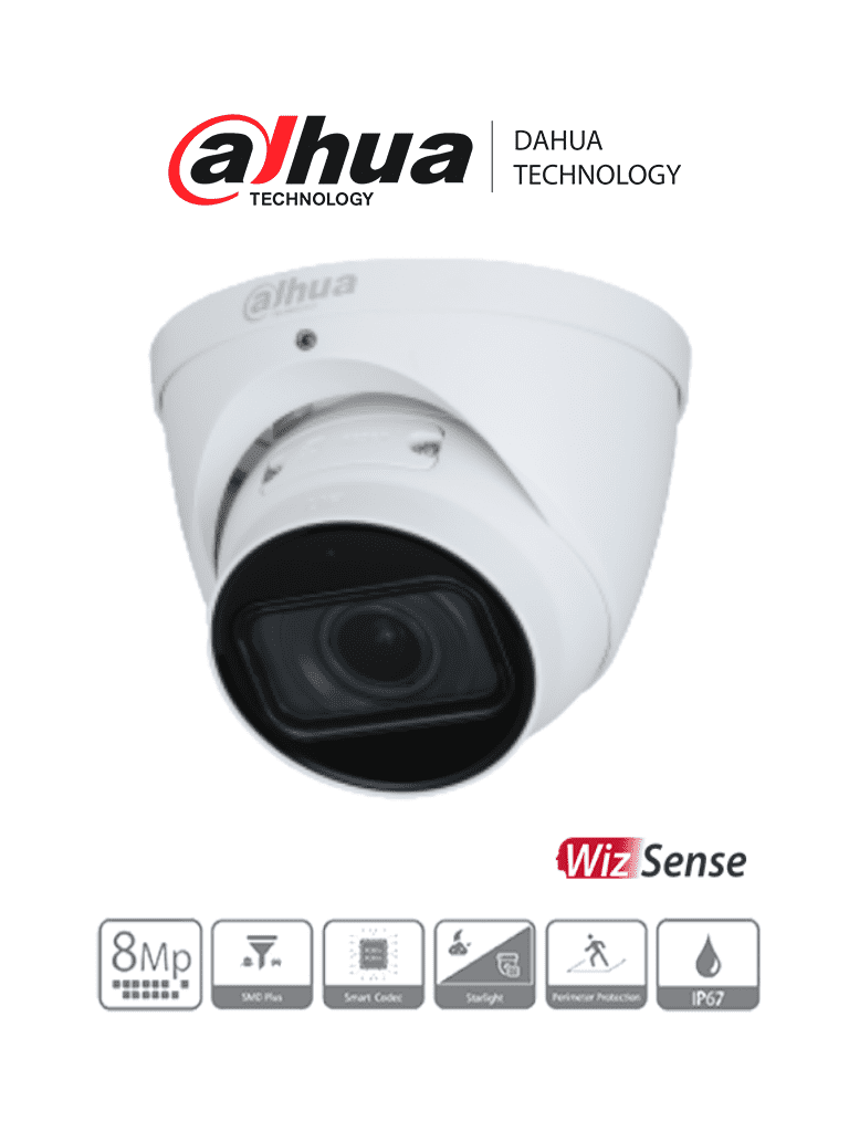 DAHUA--DAHUA IPC-HDW3841TN-ZAS - Cámara IP Domo 4K Resolución de 8 MP/ Lente Mot. 2.7 a 13.5mm/ ∢ 113°-31°/ IR 50 mts/ IA WizSense/ Detección de Movimiento Inteligente/ Protección Perimetral/ Starlight/ PoE/ WDR/ H.265+/ IP67/ Micrófono/-