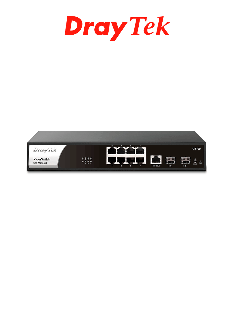 DRAYTEK--DRAYTEK VigorSwitch G2100 - Switch Gigabit administrable de 10 puertos, 8 puertos 10/100/1000Mbps, 2 SFP, 1 consola, capa 2 con funciones de capa 3 (DHCP, enrutamiento VLAN), interfaz web y prevención de conflictos IP-