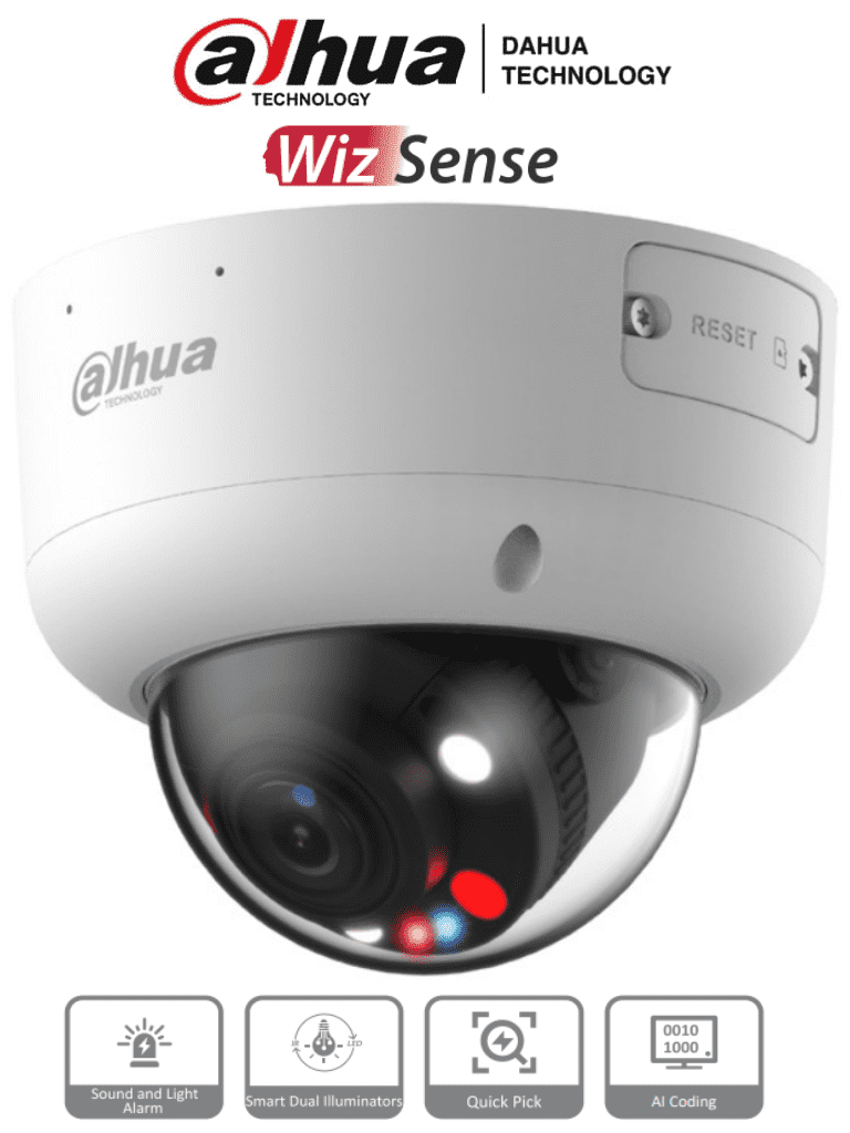 DAHUA--DAHUA IPC-HDBW3849R1P-ZAS-PV - Cámara IP Domo de 8 MP, con iluminadores duales hasta 40 m, tecnología TiOC y WizSense, lente motorizado de 2.7-13.5 mm, audio bidireccional, 1 entrada/salida de alarma y audio, compatible con Quick Pick en NVR con IA.-
