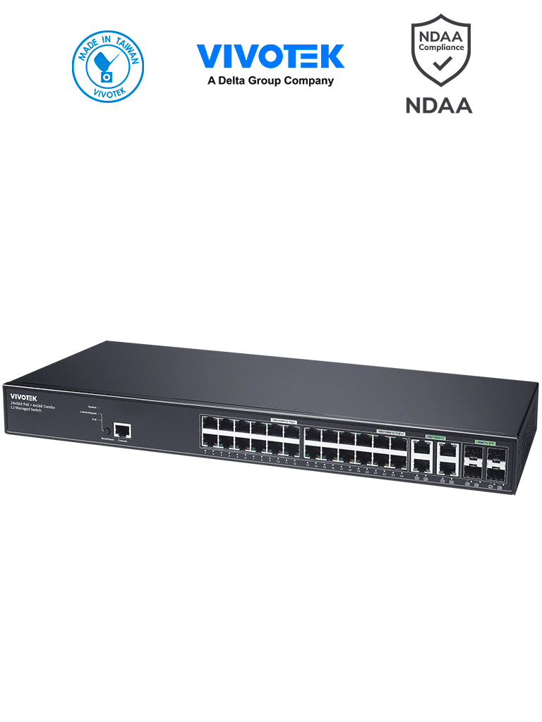 VIVOTEK--VIVOTEK AW-GEV-288A-370 - Switch PoE Administrable 24 puertos Gigabit, 20 x GbE Poe 30W, 4x GbE Poe 90W,  4x GbE/SFP Combo, L2, VIVOCAM para Videovigilancia, 56Gbps, 370W Totales, Extended PoE, NDAA-