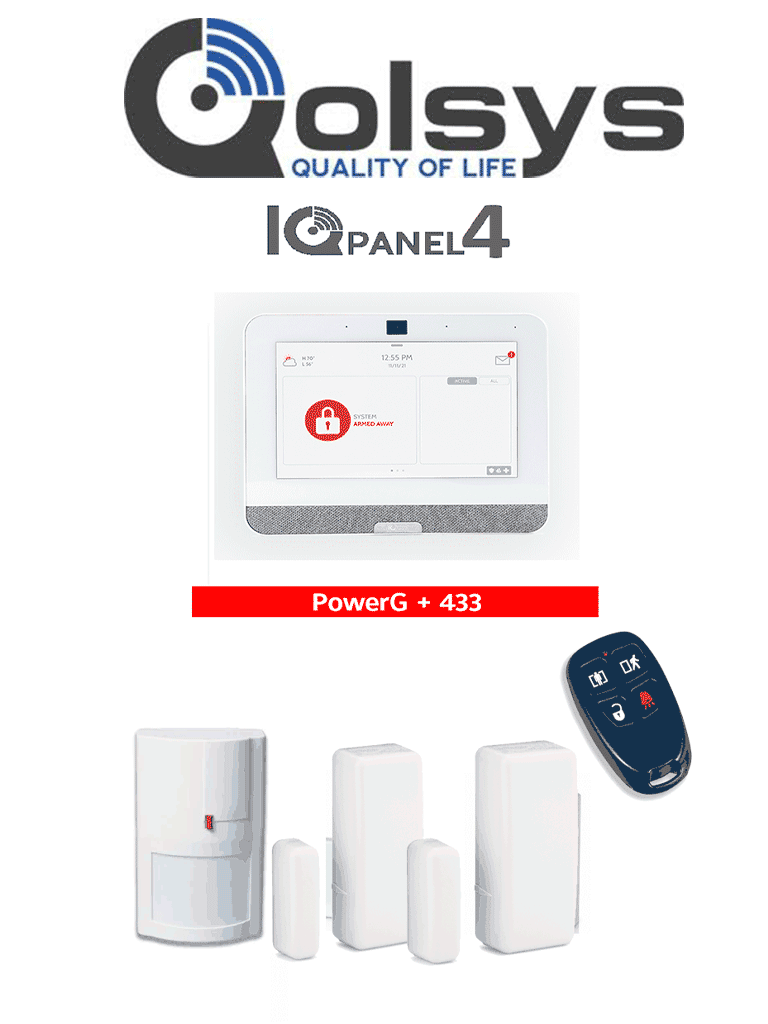DSC--QOLSYS IQ4 PACK - Paquete de Alarma IQPanel4 de Qolsys incluye Panel Autocontenido, con Pantalla Táctil de 7", Power G 915 Mhz + DSC power 433 Mhz. 4 Bocinas integradas, 2 Magnéticos Inalámbricos WS4945. 1  WS4904PM y WS4939-