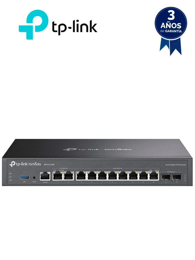 TP-LINK--TP-LINK ER7412-M2  - Router VPN Omada Multi-Gigabit , 2 puertos WAN/LAN a 2.5G , 10 puertos Gigabit WAN/LAN (2× SFP, 8× RJ45) , Balanceo de carga hasta 11 puertos WAN , Gestión centralizada en la nube a través de la web o de la aplicación Omada.-