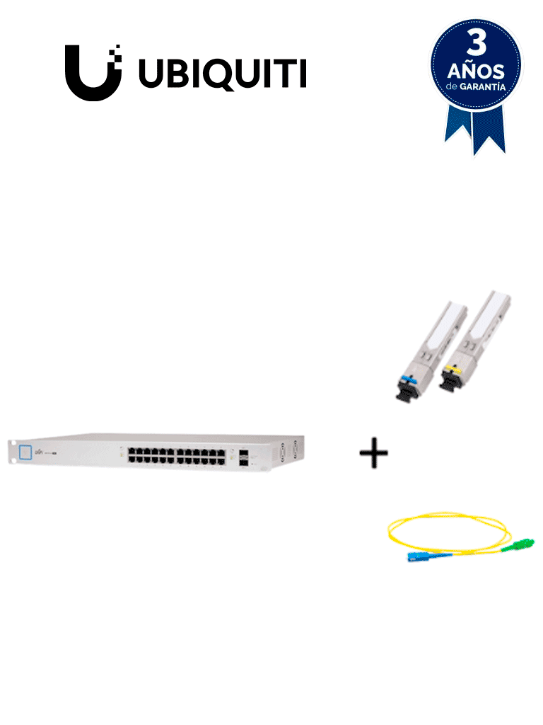 UBIQUITI--UBIQUITI US24250WPAQFIB2 - Paquete de Switch Poe 24 Puertos RJ45 y 2 Puertos SFP + Par de transceptores de fibra óptica SFP monomodo hasta 20km + Jumper Simplex 2 mm de 2 Metros-