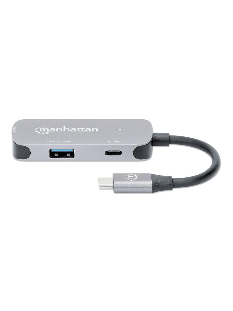 MANHATTAN--MANHATTAN - 190299 - Convertidor Docking USB-C a HDMI, 3 en 1 con PD / Un conector USB 3.2 tipo C macho a un puerto HDMI (4K@60Hz), un USB-A (5 Gbps) y un USB-C PD (100 W), convertidor multipuerto con puerto de carga de paso, aluminio, gris espacial-