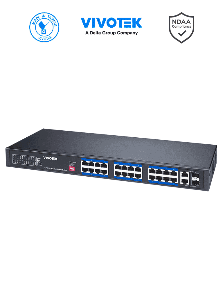 VIVOTEK--VIVOTEK AW-FGT-260P-370 - Switch PoE no administrable, 24 puertos PoE FE RJ45, 2 puertos Combo GE RJ45/SFP, 30W por puerto, 370W totales, PoE Extendido Adaptable hasta 250mts, 8.8 Gbps, Protección 6KV-