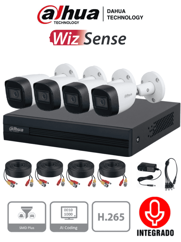 DAHUA--DAHUA KITXVR1B04-I+HFW1200CMA -Kit de 4 canales con cámaras de 2MP y audio. Incluye DVR Cooper-I WizSense con IA y H.265+, 4 cámaras metálicas con micrófono integrado, 4 canales más 1IP o hasta 5 canales IP, 4 canales SMD Plus y accesorios incluidos/-