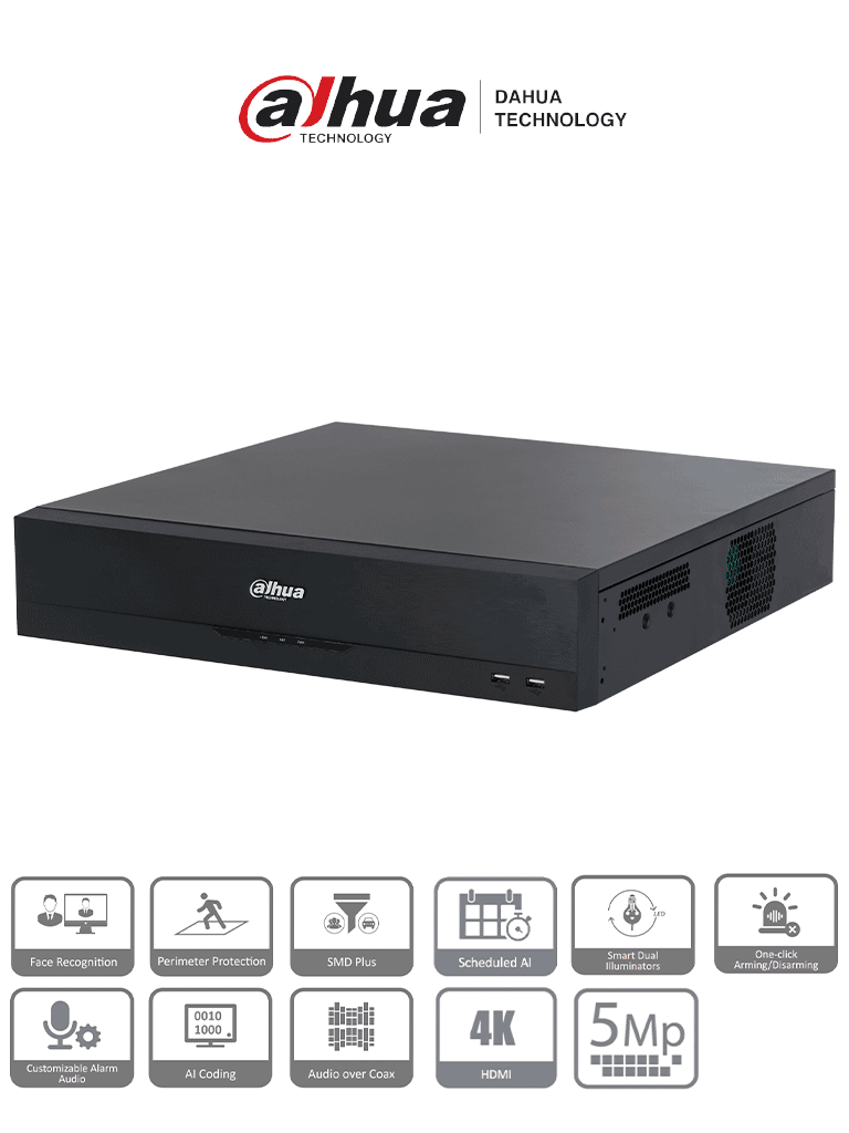DAHUA--DAHUA DH-XVR5832S-I3 - DVR 32 canales de 5MP y 1080p con WizSense, H.265+, codificación IA. Incluye 2 canales de reconocimiento facial y soporte para hasta 32 canales IP (32 totales). SMD Plus y protección perimetral.-